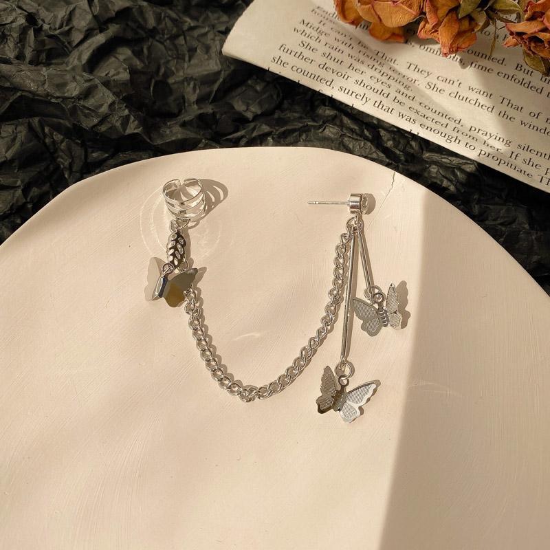 IF ME Korean Fashion Retro Asymmetrical Pearl Star Earrings Personality Exaggerated Tassel Ear Clip Jewelry Accessories