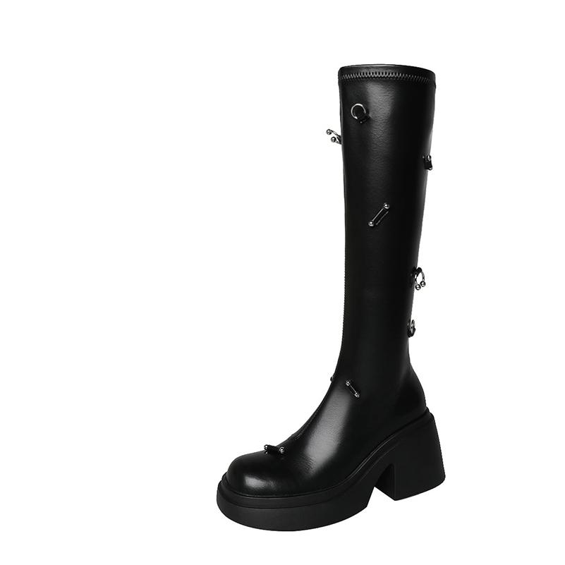 

Meotina Жіночі чоботи до коліна, платформа, товсті високі підбори, блискавка, металеві прикраси, довгі чоботи, жіноче взуття, осінь, зима 39 чорний
