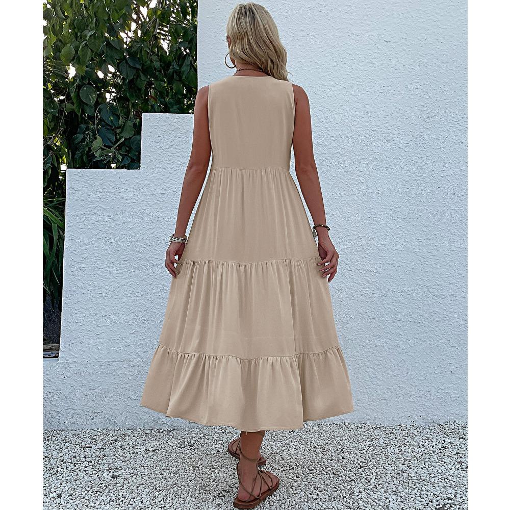 Women Solid Printed Sleeveless V Neck Casual Dress Spring Summer Fashion Daily Wear
