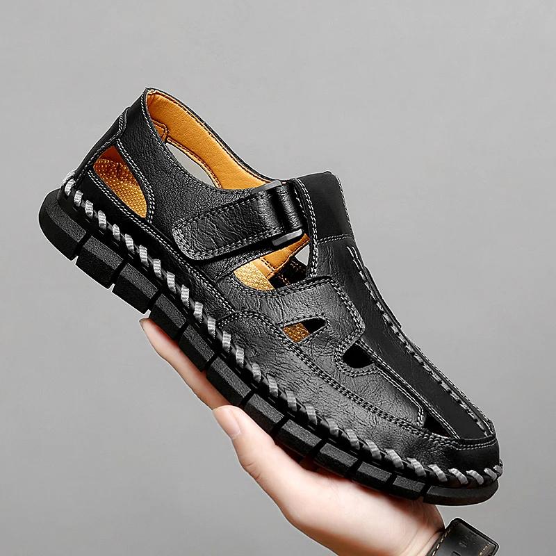 Fashion Mens Handmade Casual Leather Sandals Classic Men Beach Shoes Summer Outdoor Walking Male Sneaker Breathable Man Hollow Out Flats