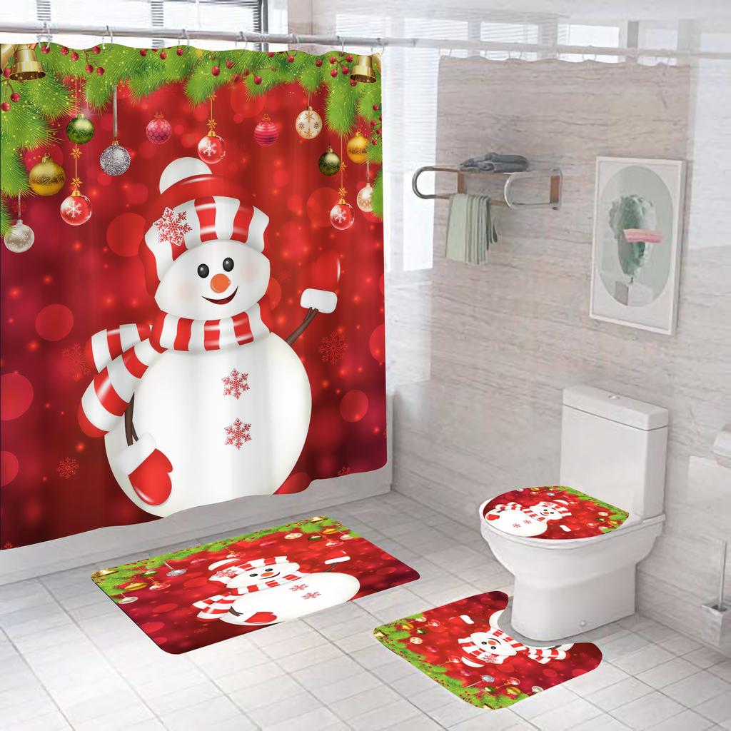 4pcs Merry Christmas Shower Curtain Polyester Shower Curtain Pedestal Rug Set Bathroom Decor Waterproof Curtain
