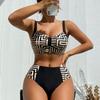 Women Geometric Print High Waist Bikini Set Black White Contrast Color 2 Piece Swimsuit