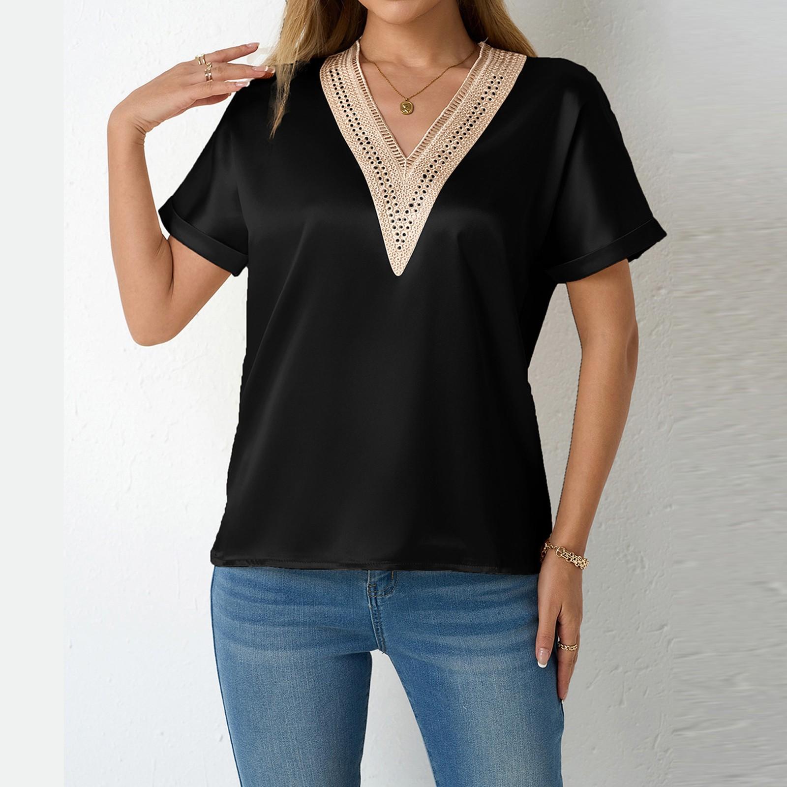 

Женская рубашка с коротким рукавом, свободный атласный топ, тисненый кружевной топ с V-образным вырезом и шелковой подкладкой S чёрный