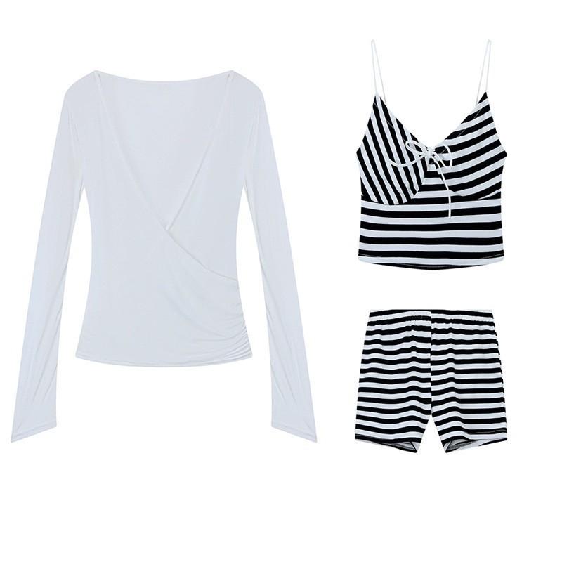 Swimsuit Women's Split Long-sleeved Three-piece White Blouse Retro Striped Hot Girl Sexy Pure Desire Soak In
