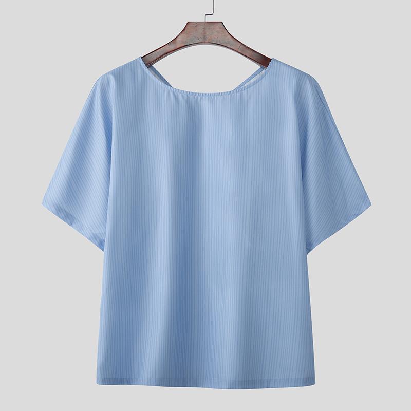 

INCERUN Summer Men Short Sleeve Striped Back Bow Knot Ruffled Party T-shirts 5XL синий