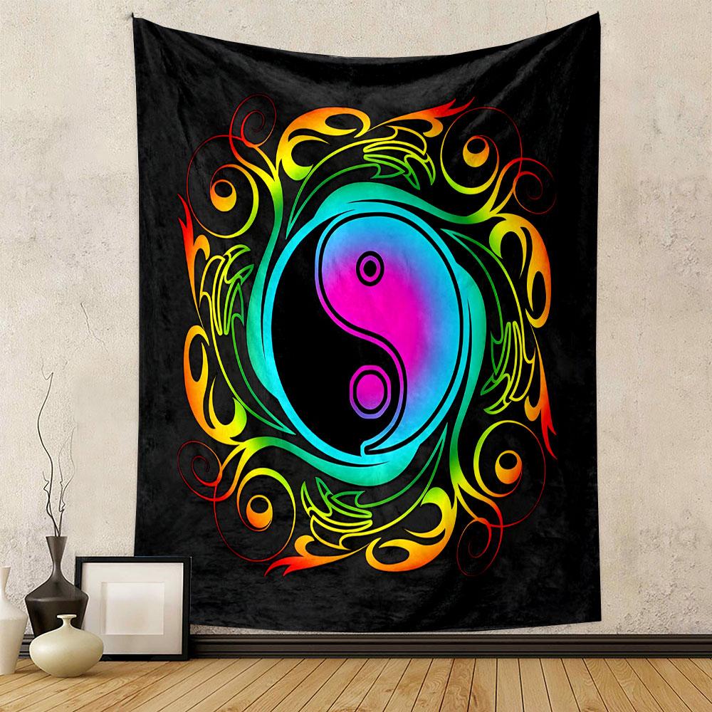 Colorful Yin Yang with Neon Swirls Patterned Tapestry Decorative Wall Hanging, Home Bedroom Living Room Decor