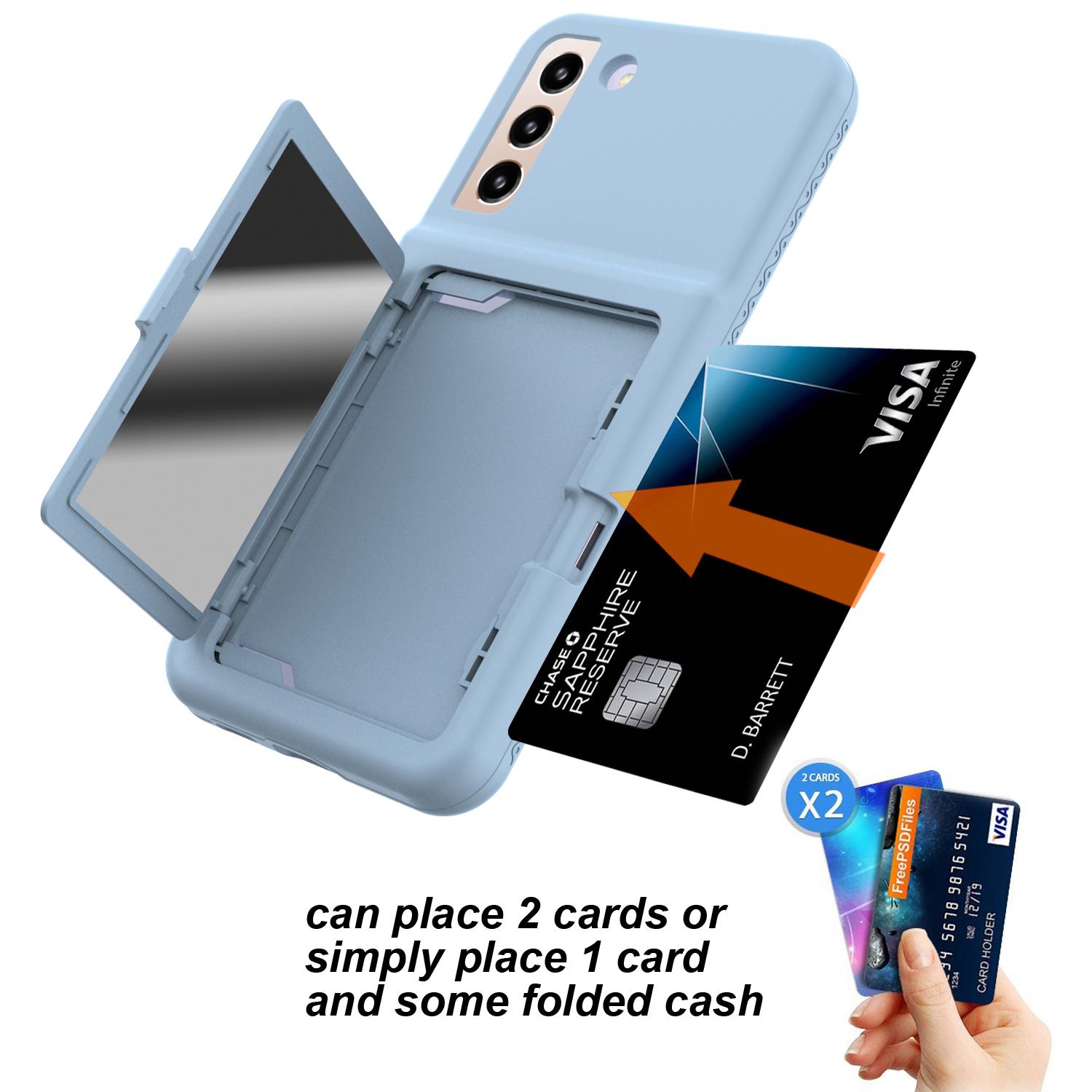 

For Samsung Galaxy S22 5G Cardcase Series Card Holder Kickstand Case Thickened PC+TPU Phone Cover with Mirror Baby Blue