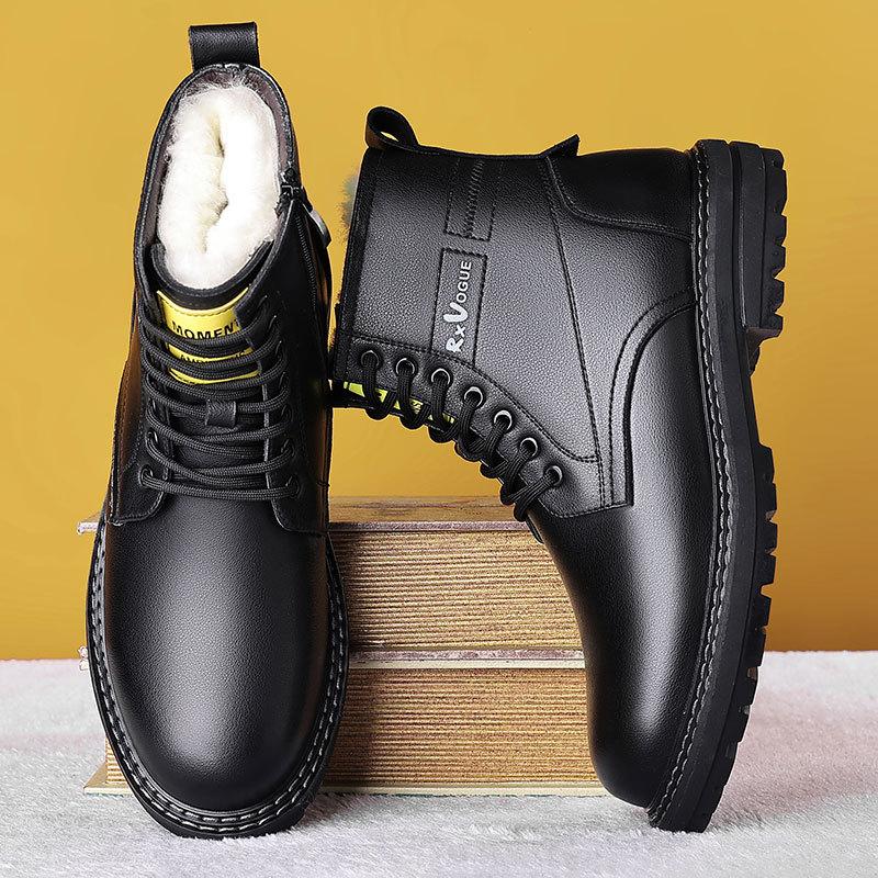 

Winter new fashionable versatile thick-soled Martin boots men s British breathable non-slip leather black high-top boots 38