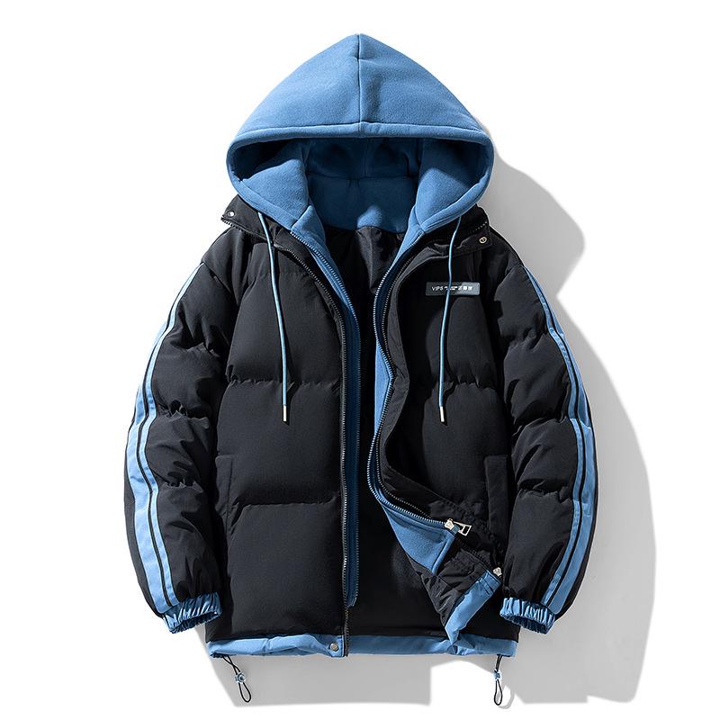 Men's Trendy Autumn/Winter Hooded Cotton Jacket - Faux Two-Piece, Couple Style, High-Quality, Thickened for Warmth