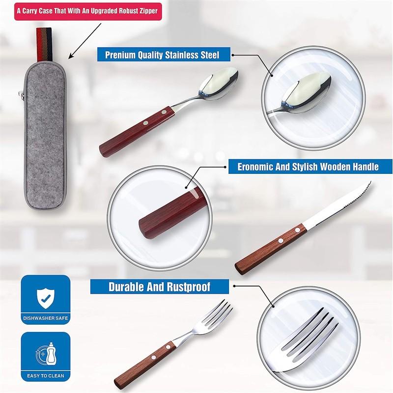 Veselă de călătorie din oțel inoxidabil Cu husă Sănătoasă și ecologică Furculiță și lingură de dimensiune completă Set de tacâmuri portabile Cu geantă de depozitare