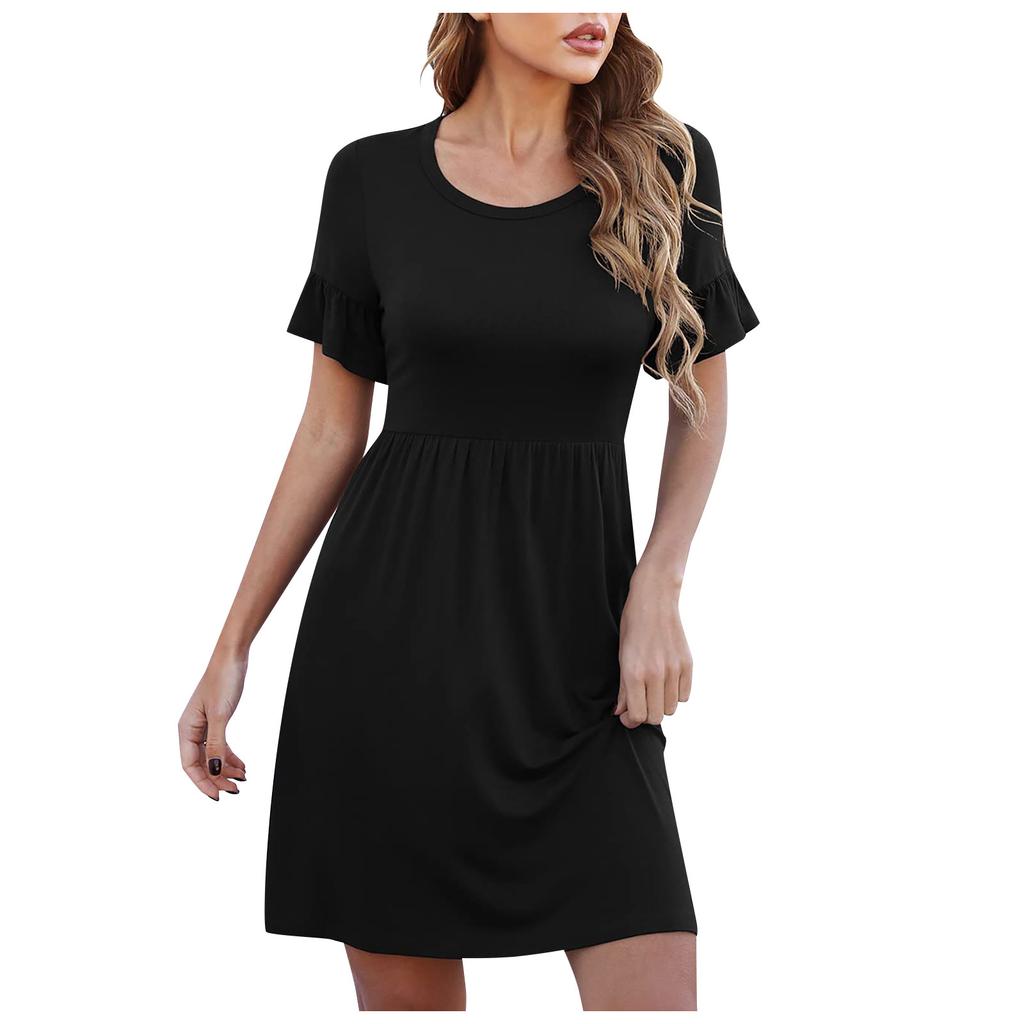 Women's Summer Casual Color Ruffle Short-sleeve O-neck Stitching Waist Big Swing A-line Dress