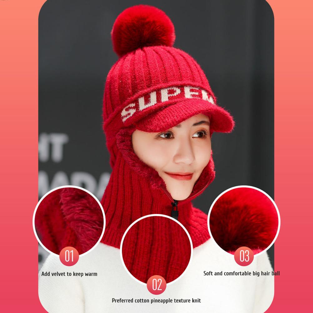 Winter Knitted Hat Scarf Set Beanie Zip Scarf Earflap Fleece Lined Ski  with Pompom Windproof Thermal Hat Neck Warmer