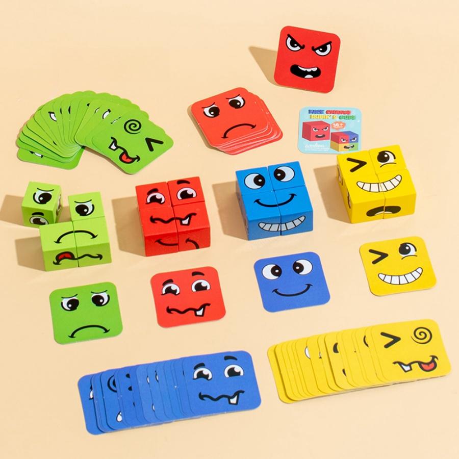 Kids Emotions Expression Game Wooden Cube Face Changing Board Cartoon Puzzle Toy Montessori Thinking Challenge Games