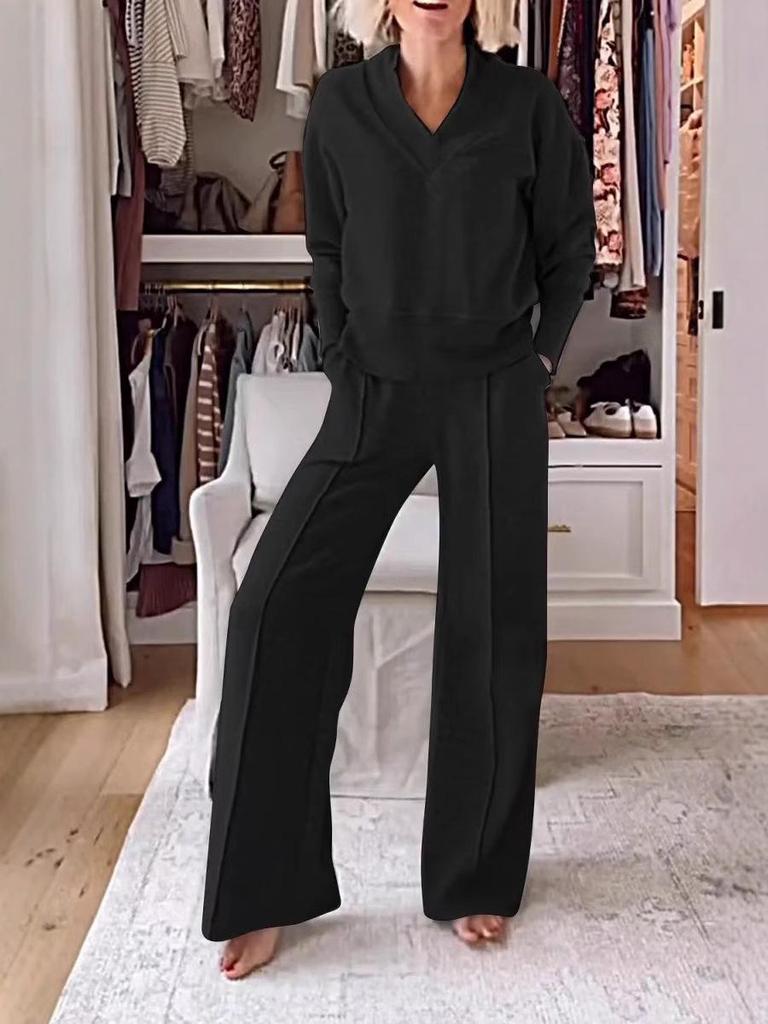 2025 Autumn/Winter V-neck Long Sleeve Loose Solid Color Women's Fashion Casual Pants Set
