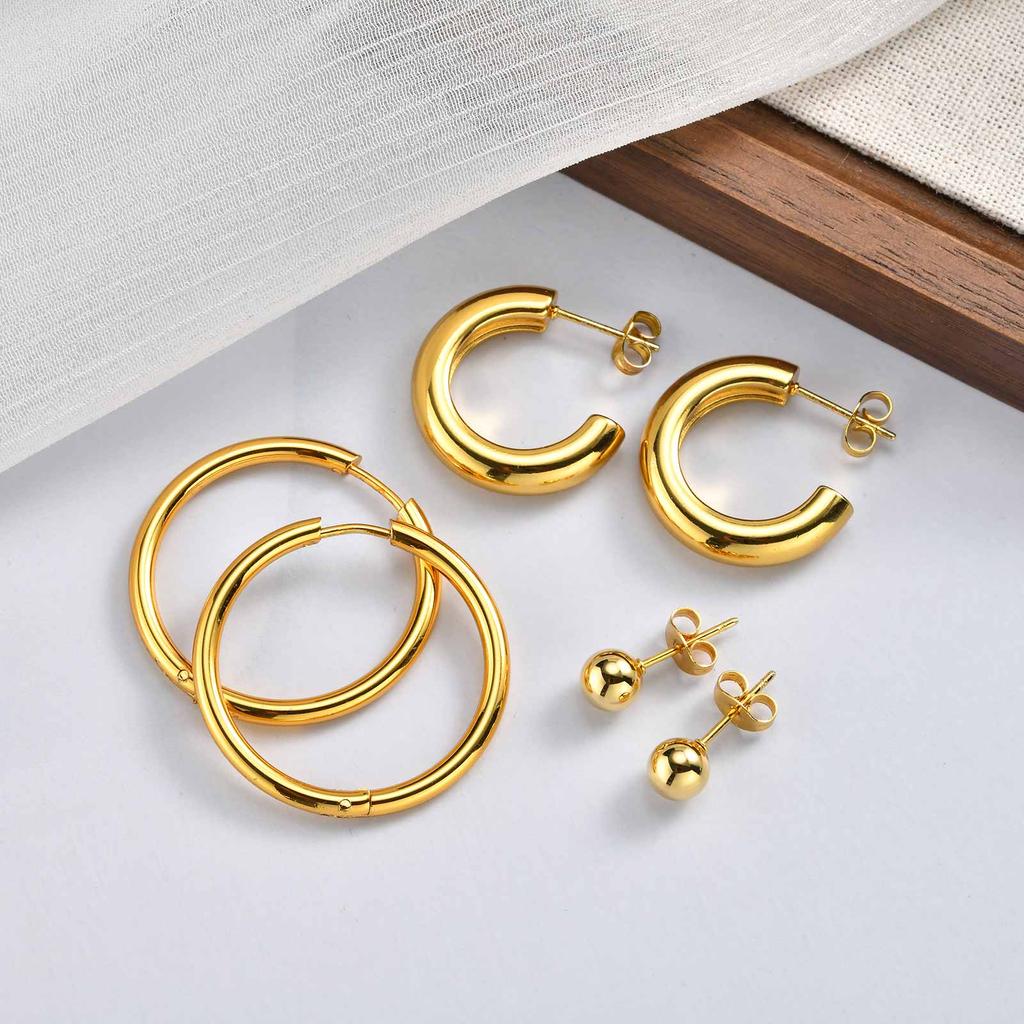 18K Gold Plated Stainless Steel Hoop Earrings, Hypoallergenic Ball Studs For Multiple Piercing Stack Women 3pcs in One Set