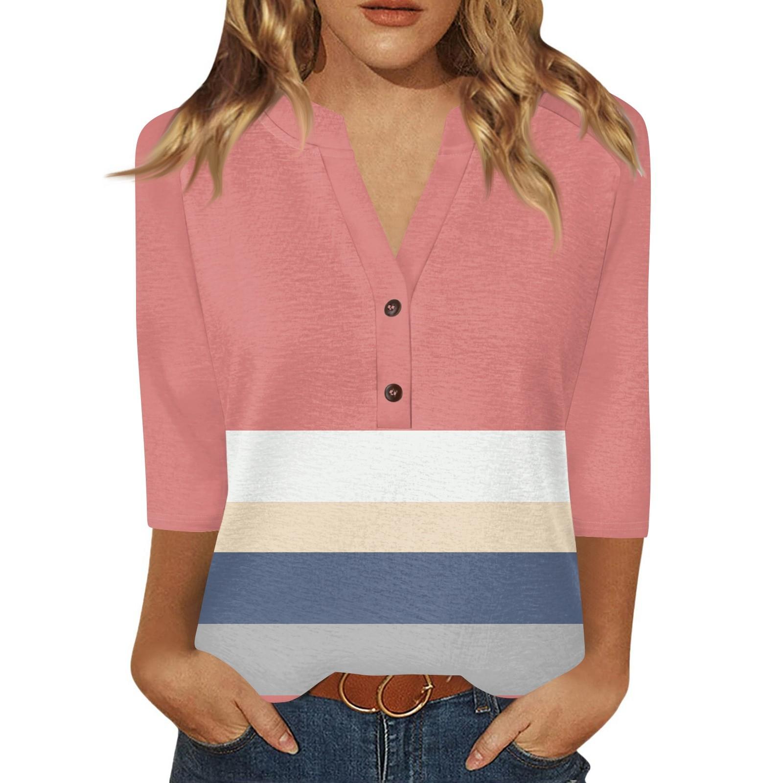 

Жіноча футболка з принтом на ґудзиках з рукавами 3/4, щоденна мода на вихідні, звичайний топ із V-подібним вирізом XXXL рожевий