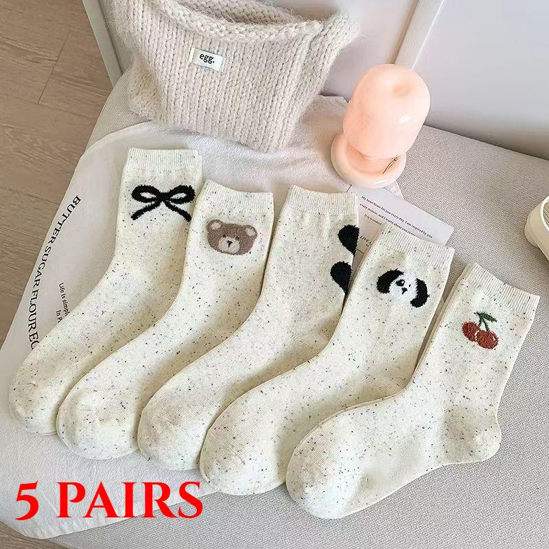 

5 пар женских хлопковых носков до середины икры, мультяшные милые носки в стиле преппи, влагоотводящие летние носки для женщин 5 pairs