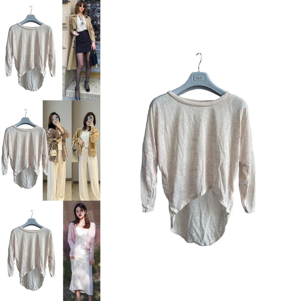 T-shirt Casual da Donna in Cotone a Maniche Lunghe con Vestibilità Larga e Orlo Curvo