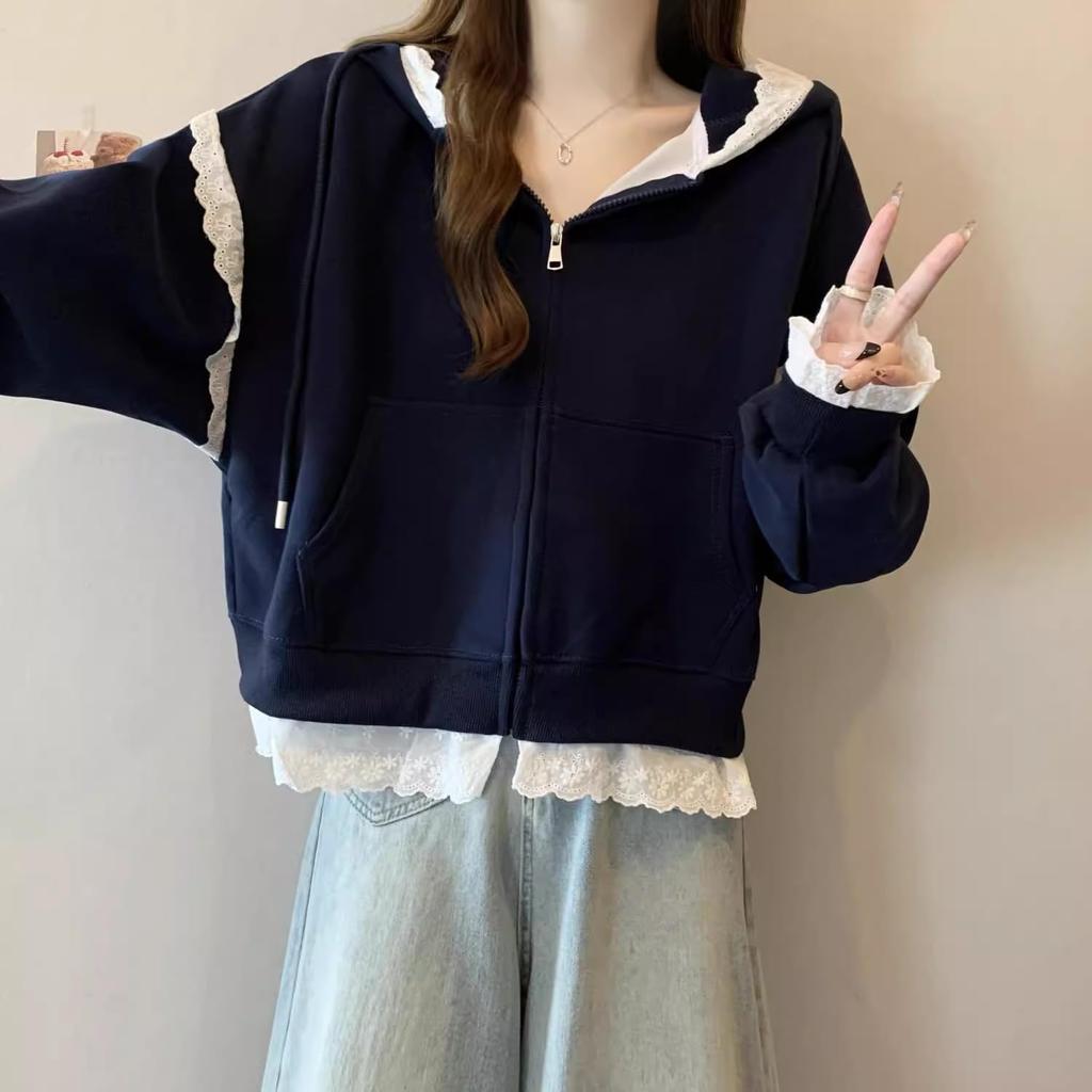 Inotenka Hoodie with Lace Flattering Slimming Loose Plus Long Solid Perfect for and Casual and Winter Women's Zip-Up Trim, Top, Outerwear, Fit, Cute,