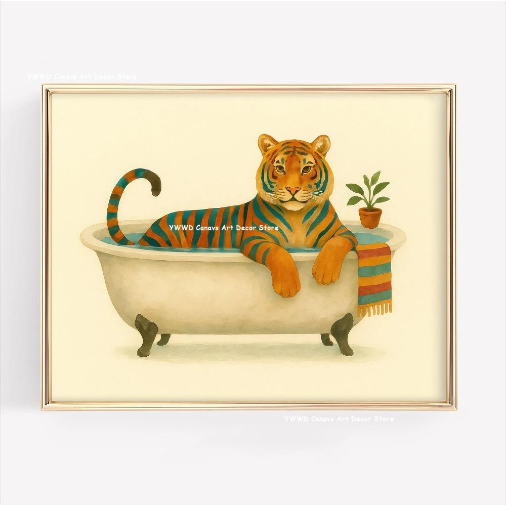 Cute Animal Bubble Bath Wall Art Cute Bathroom Animal Poster Kids Funny Toilet Paper Canvas Print for Nursery Home Decor Gifts
