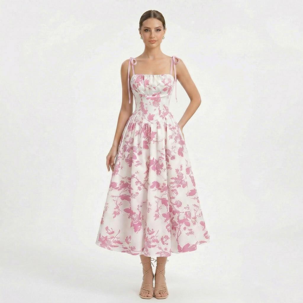 Vestido Corsé Bustier Floral para Mujer Tirantes de Lazo Fruncido Fluido Boho Largo Vestido de Sol