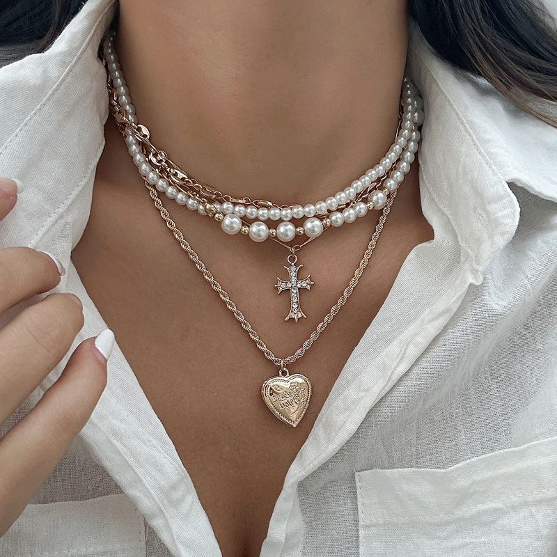 

Fashion Imitation Pearl Necklace Ornament Fall and Winter Clavicle Chain Cross Pendant Heavy Industry Multi-Layer Choker Female Gold 5467