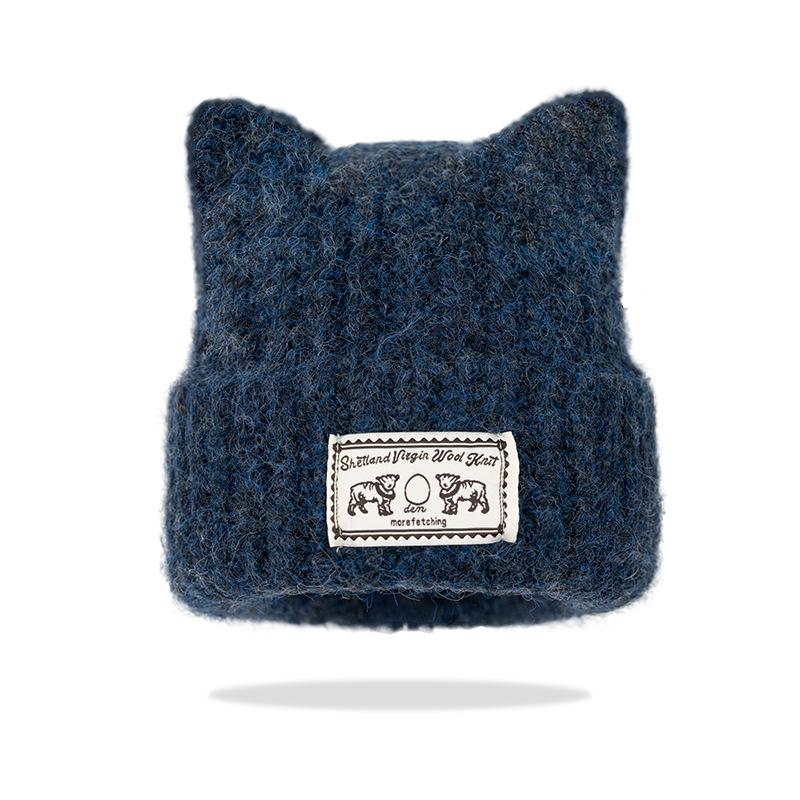 New cute cat ear patch solid color knitted hat autumn and winter face small wool hat warm ear protector pullover hat cold hat