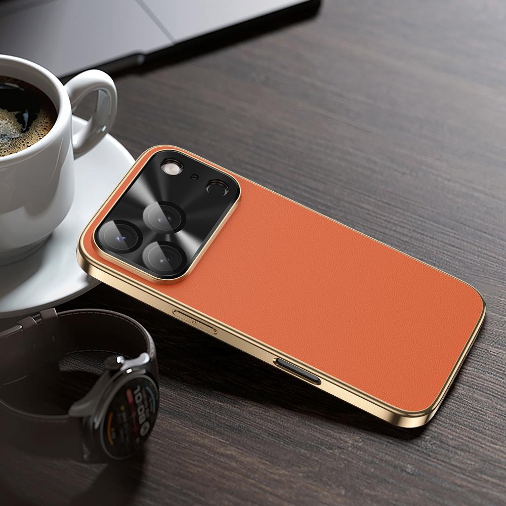 

Luxury Plating Matte Leather Phone Case for iPhone 17 Air 16 15 14 13 12 Pro Max Full Camera Coverage Anti-fingerprint Cover iPhone 15 Pro Max помаранчевий