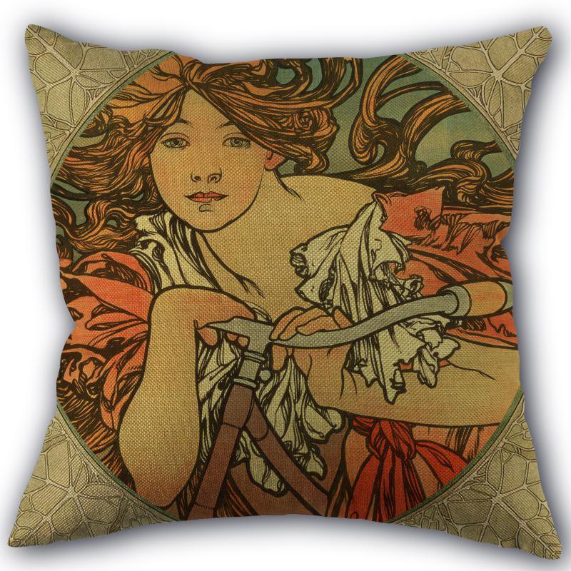 Custom Alphonse Mucha Art Pillowcase Cotton Linen Fabric Square Zipper Pillowcase 45X45 Wedding Decorative Pillow Cover