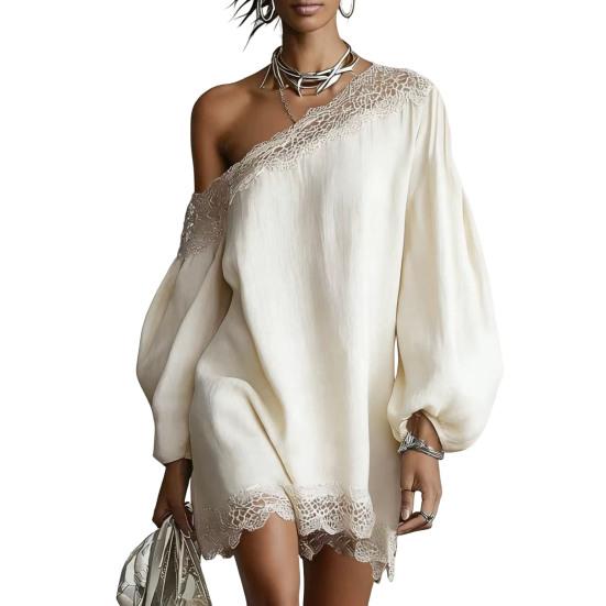 Women Off One Shoulder Loose Mini Dress, Batwing Long Sleeve Lace Trim Club Party Cocktail Dress, Summer Vacation Wedding Guest Dress