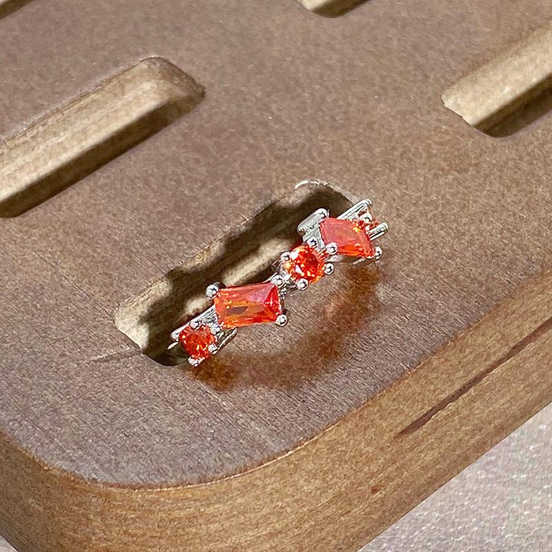Small Fresh Orange Red Colored Treasure Zircon Row Diamond Opening Ring Light Luxury High Sense Niche Personality Stacked Ring Woman