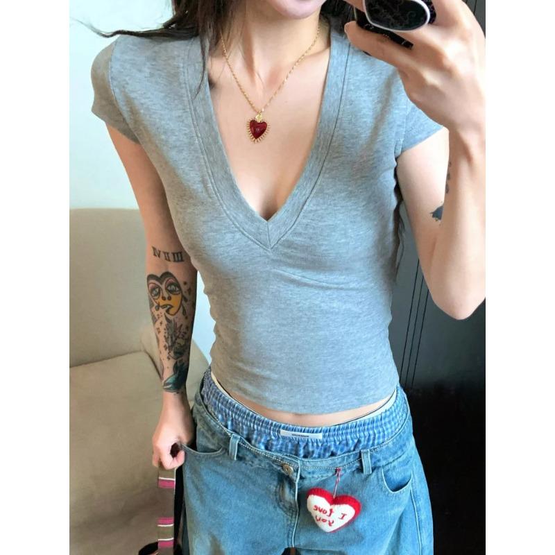 V-neck Short Sleeve Casual Women T Shirts Black Summer Skinny Sexy Solid Basic Crop Fashion Streetwear
