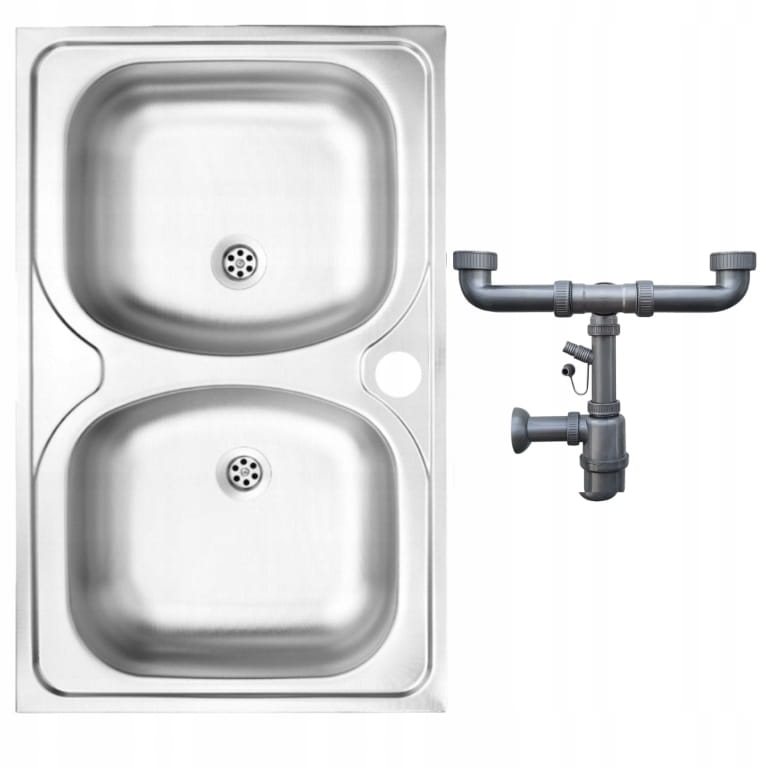 Doppelbecken Stahlspüle 80x50 mit Hahnloch und Siphon