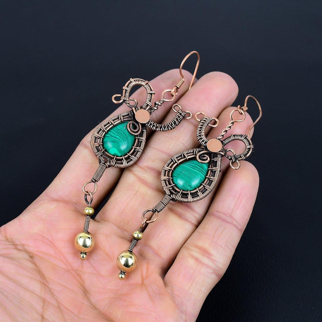 Malachite Earrings, 999 Copper Wire Wrapped Jewelry, Gift For Women Handmade Earrings Gemstone Jewelry