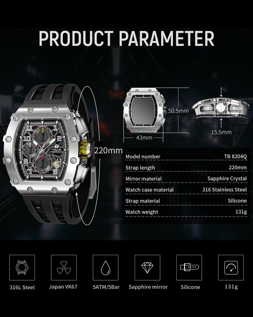 TSAR BOMBA Skeleton Mechanical Automatic Watch with Ceramic Japanese Tonneau Silicone 50M Water Luminous Luxury Watch for and Casual Wear Men's