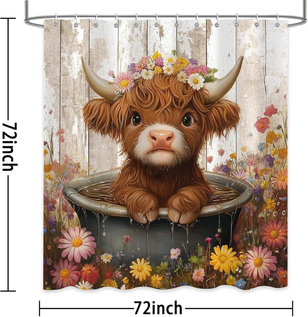 Cute Highland Cow Shower Curtain For Bathroom, Farmhouse Rustic Cow Animal Bathing In Bathtub Shower Curtains Decor Set