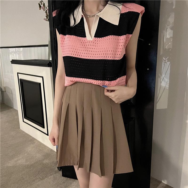 

Свободный свитер с яркими полосками и лацканами, женский дизайн, безрукавки, подплечники, топы, повседневные, облегающие, футболки One size розовый