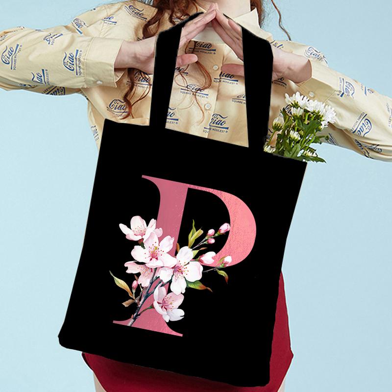Pink Sakura Handbags Women Eco Reusable Tote Bag Cherry Blossom College Canvas Bag Vintage Sakura Alphabet Ladies Shoulder Bag