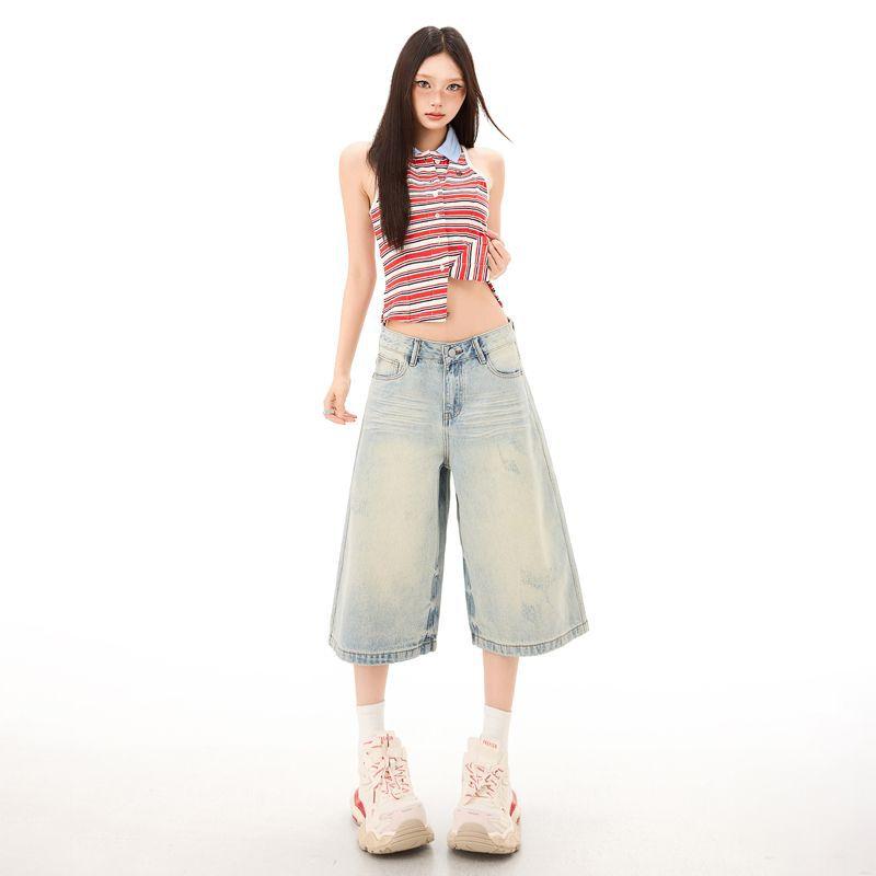 Fashion Summer Vintage Washed Relaxed Fit Loose Denim Cropped Capri Pants Trendy Versatile Slimming FigureFlattering Lazy Style