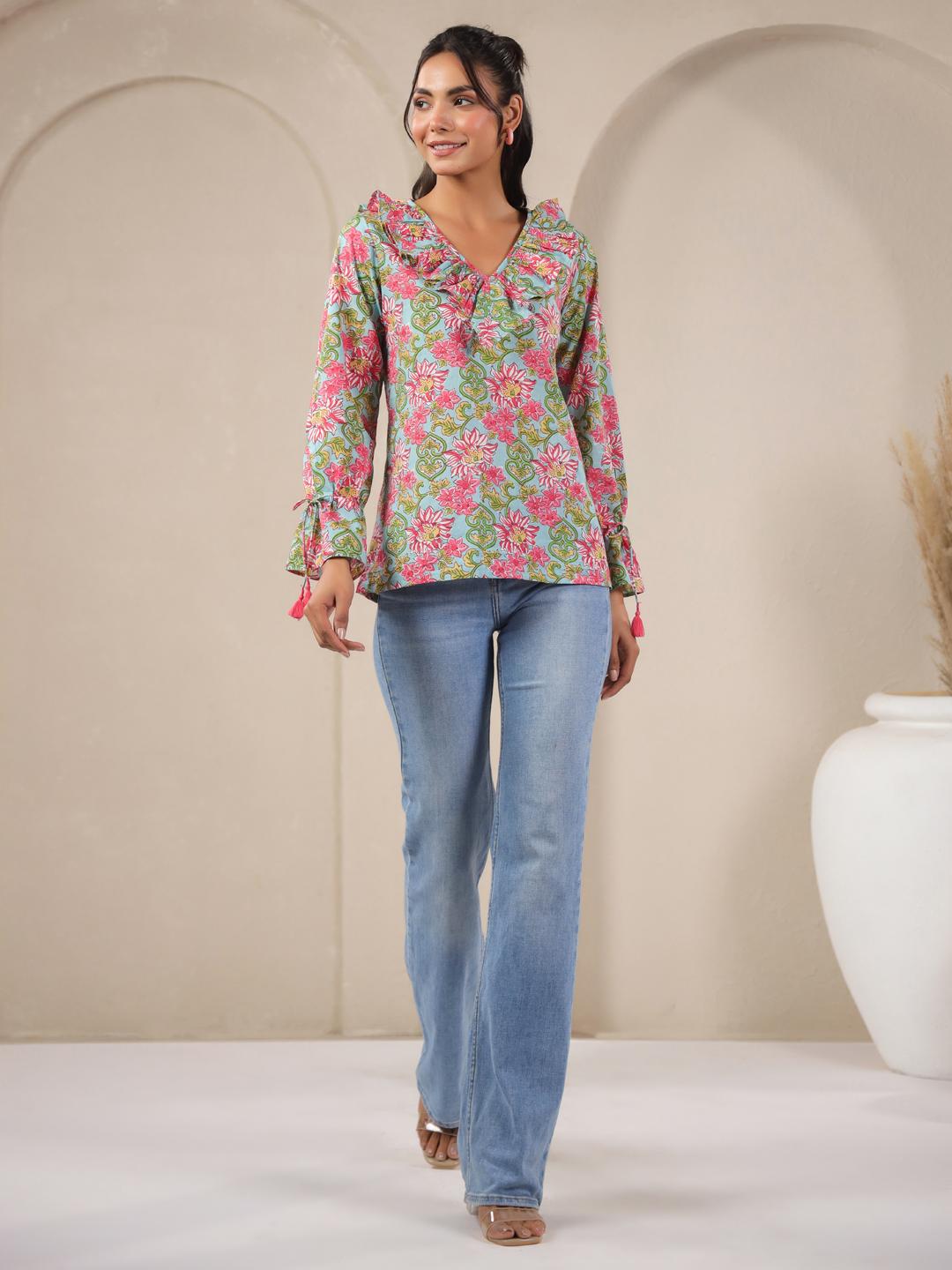 Хлопковый топ с принтом ледяного синего цвета и V-образным вырезом S синий