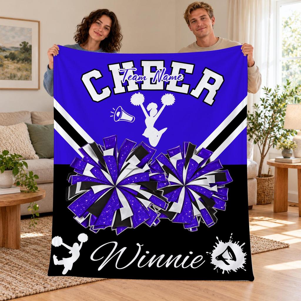 Personalized Cheer Blanket, Custom Name Cheerleader Throw with Pom Poms, Cheer Team Gift, Senior Night Keepsake, Cheerleading Birthday Gift