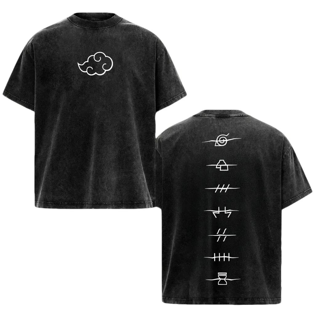 Akatsuki-klanen Vintage Vasket T-shirt – Naruto Anime Oversized Tung Bomuld T-shirt