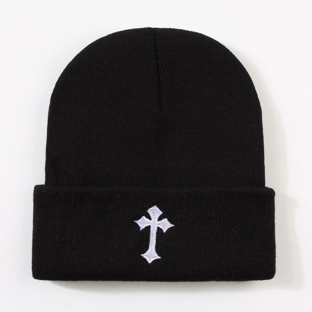 Fashionable Cross Embroidery Knitted Hat Warm Street Style Student Couple Ear Protection Beanie