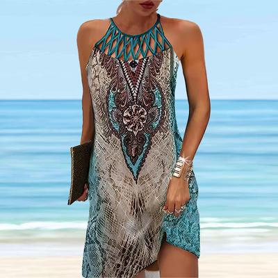 Summer Fashion Sexy Sleeveless Dress Soft Casual 3D Blue Retro Pattern Print Dress Sleeveless Sling Dress Summer Suspender Dress