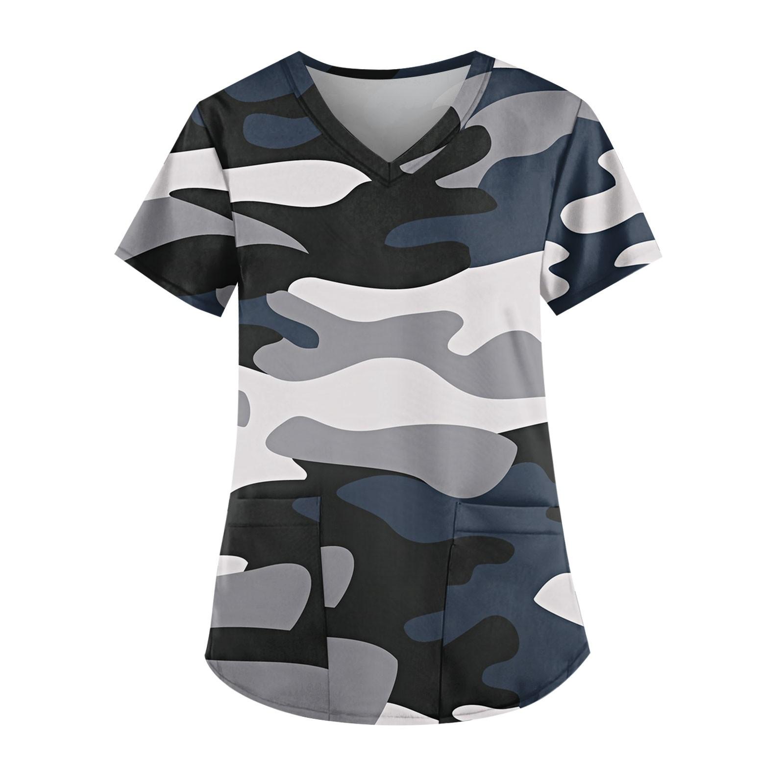 

Женская мода V-образный вырез повседневные камуфляжные принтованные топы с карманами рабочая одежда S тёмно-синий