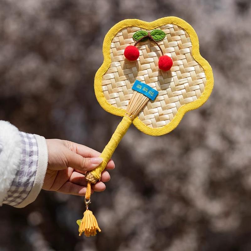 Cherry Handmade Mini Cattail Fan - Cute Cartoon Design, Portable Ancient Chinese Style for Summer