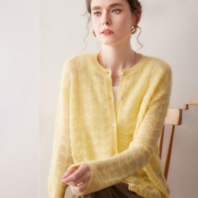2025 A/W Women's Round Neck Wave Pattern 100% Cashmere Cardigan Sweater