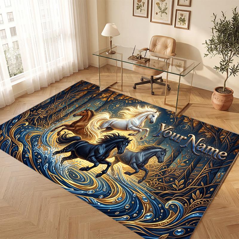 Horse Theme Soft Crystal Velvet Rug Custom Name & Text Print Non Slip Floor Rug for Bedroom Living Room