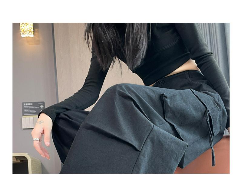 Women's High-Waisted Wide-Leg Cargo Pants with Convertible Pockets - Autumn Slimming Casual Wear