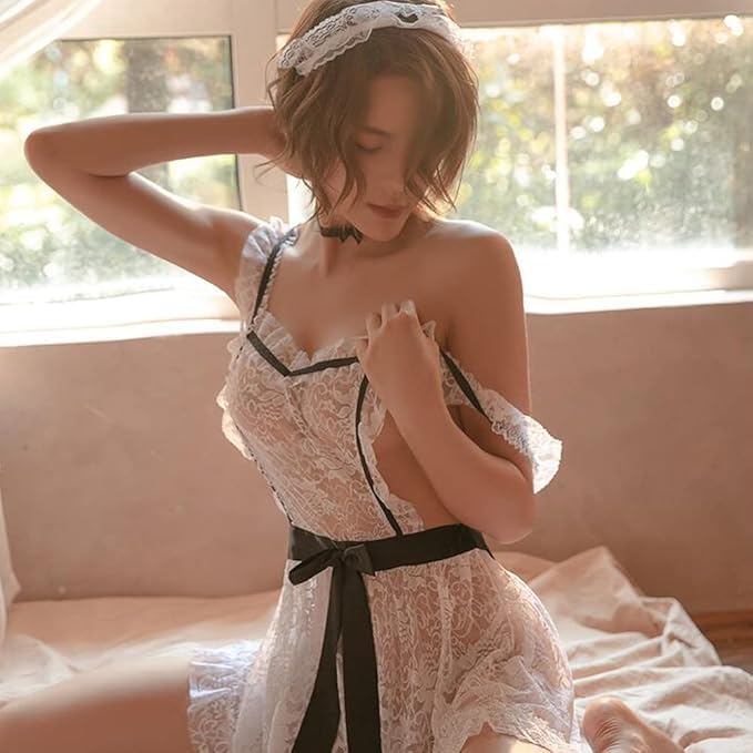 Dienstmädchen-Kleidung, 4-teiliges Set, sexy Cosplay-Dessous, Schürze, erotisches Extrem-Babydoll, Stirnband, Spitze, süßes Kostüm, Crossdressing, beliebtes Cosplay [DAYDREAM]